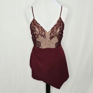 Style Stalker Asymmetrical Burgandy Lace Romper Skort Adjustable Spagetti Straps